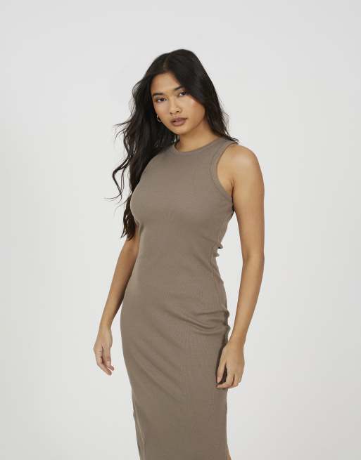 Brave Soul – Figurbetontes Midikleid in Taupe mit Rundhalsausschnitt und Schlitz, 3 von 3