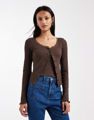 Brave Soul Fine Knit Cami And Cardigan Set With Lace Detail In Brown