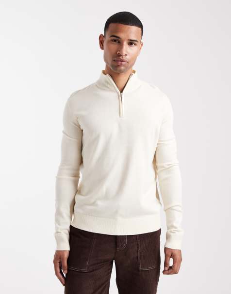 Brave Soul fine knit quarter zip jumper in stone - view 1