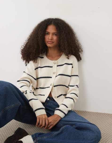 Brave Soul fisherman knit cardigan in stone and navy stripe - view 1