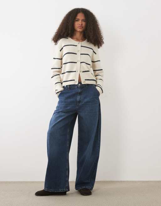 Brave Soul fisherman knit cardigan in stone and navy stripe, 2 of 4