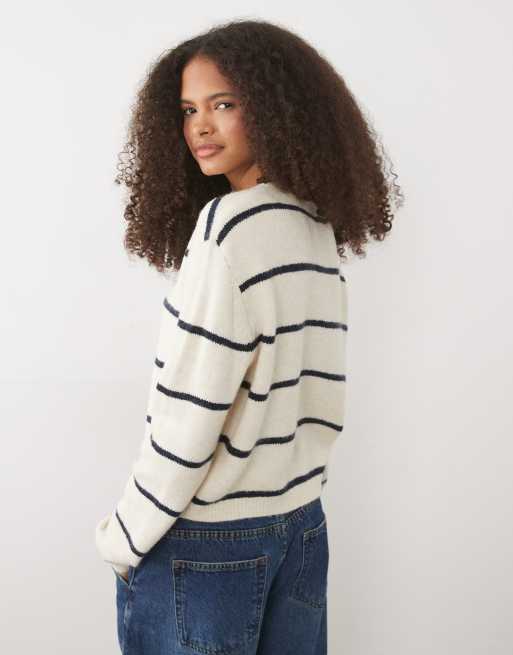 Brave Soul fisherman knit cardigan in stone and navy stripe, 4 of 4