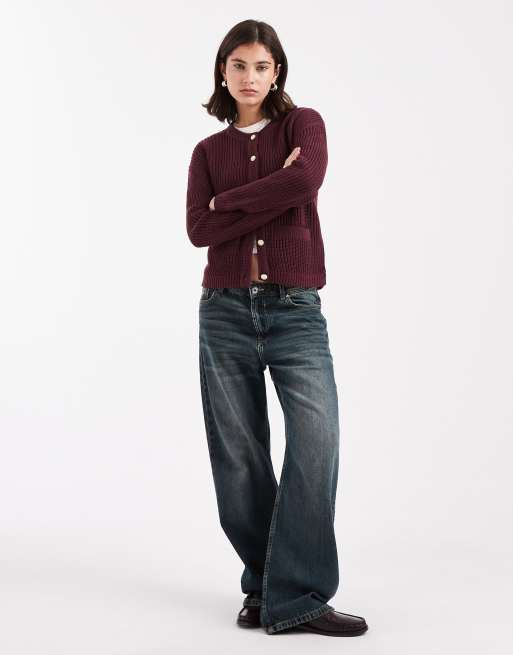 Brave Soul fisherman knit cardigan with gold buttons and pocket detail in burgundy