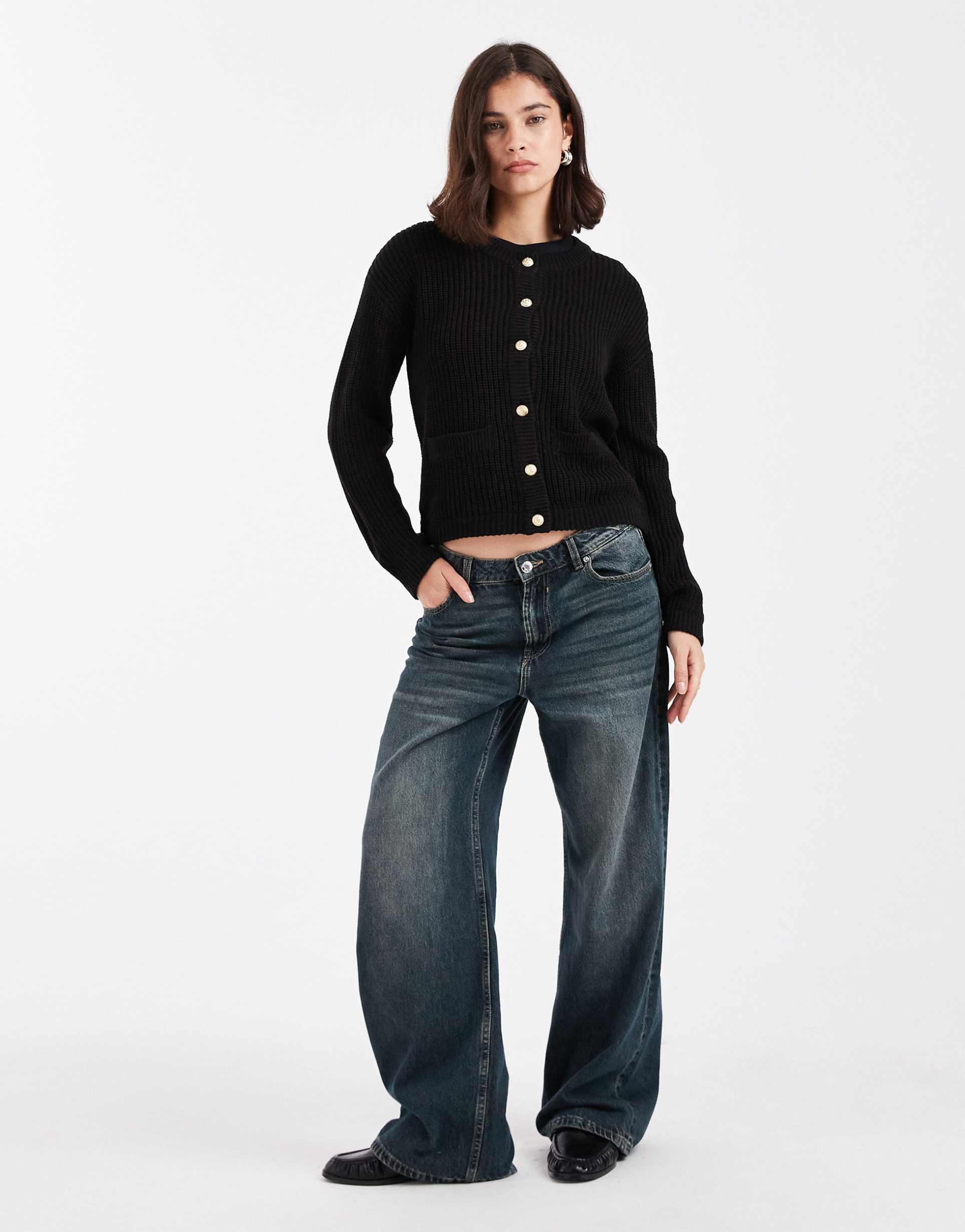 brave soul fisherman knit cardigan with gold-tone buttons and pocket detailing in black