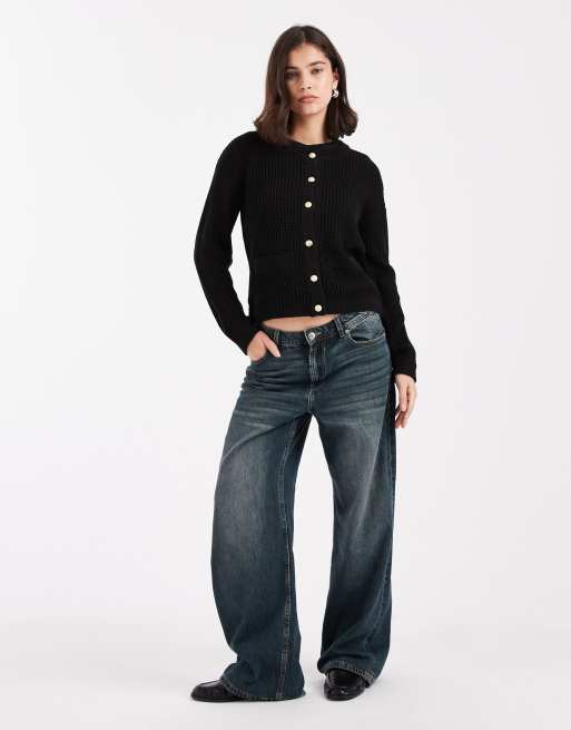 Brave Soul fisherman knit cardigan with gold-tone buttons and pocket detailing in black