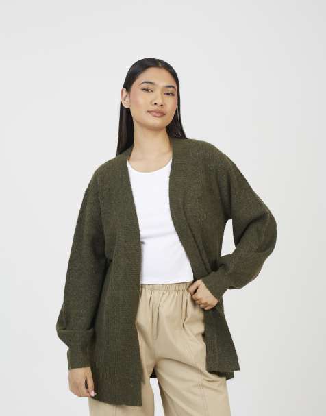 Brave Soul Fisherman knit dropped shoulder cardigan in khaki