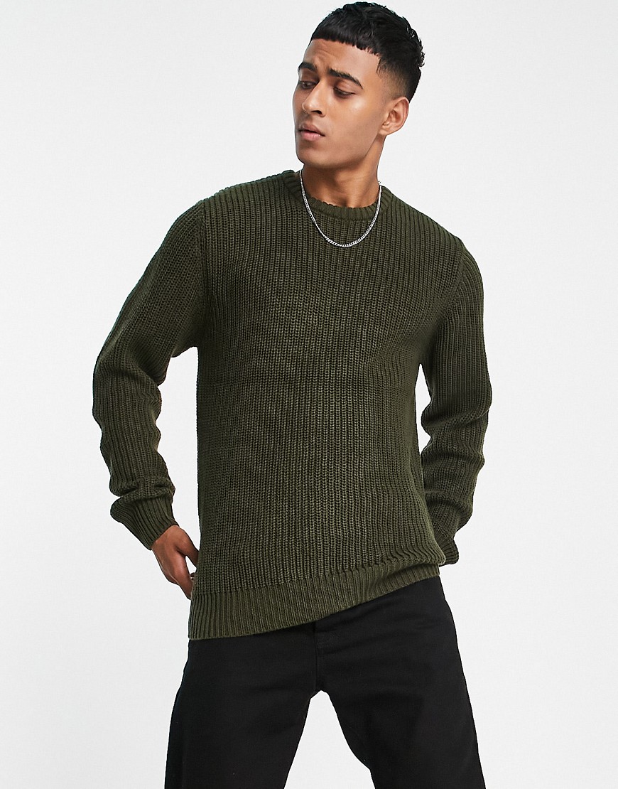 Brave Soul fisherman knit sweater in khaki-Green
