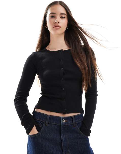 Brave Soul fitted button down long sleeve top in black - view 1