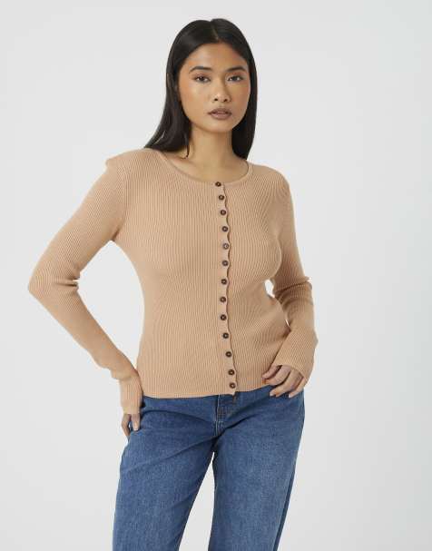 Brave Soul Fitted crew neck ribbed knit cardigan in camel - view 1