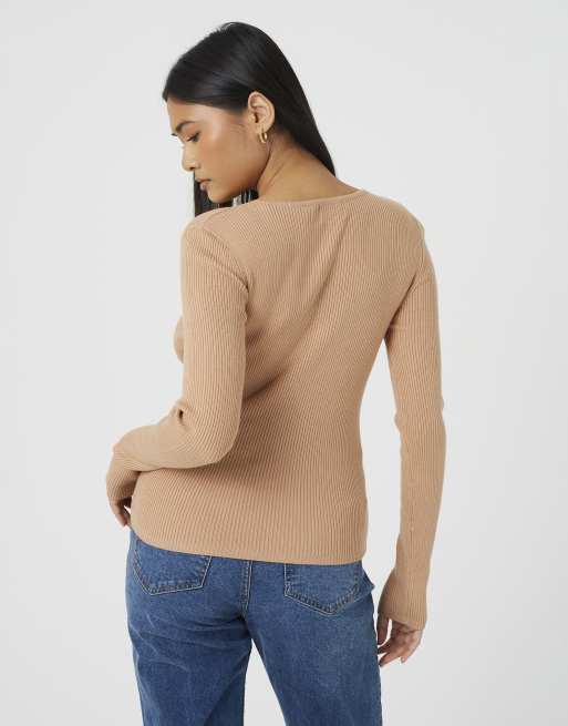 Brave Soul Fitted crew neck ribbed knit cardigan in camel, 2 of 4