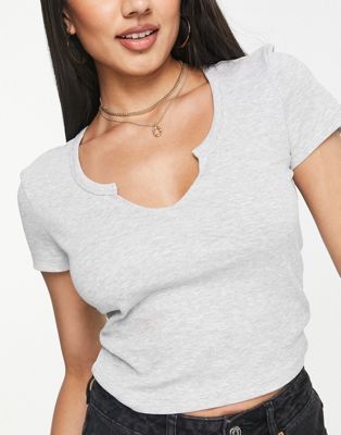 Brave Soul fitted crop top with notch neck in grey