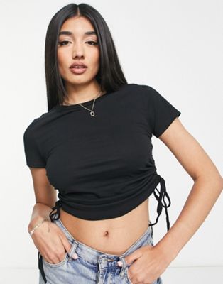 Brave Soul fitted crop top with ruched sides in black