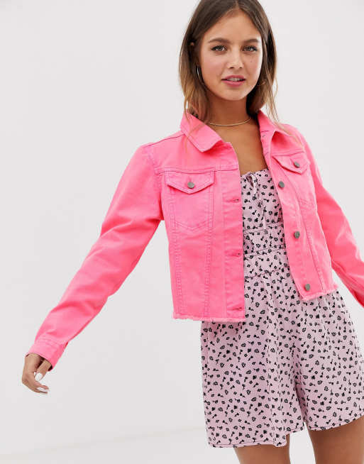 Neon pink best sale cropped denim jacket