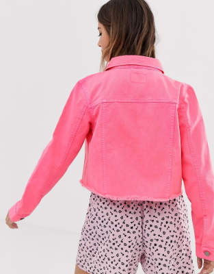 neon pink cropped denim jacket