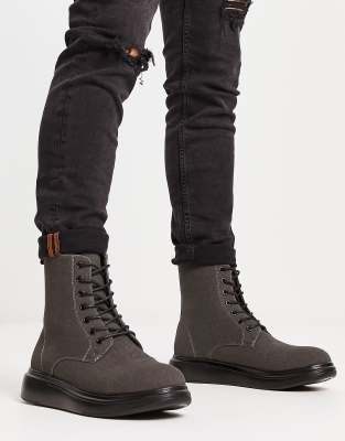 Brave Soul Flatform Lace Up Boots In Gray Faux Suede