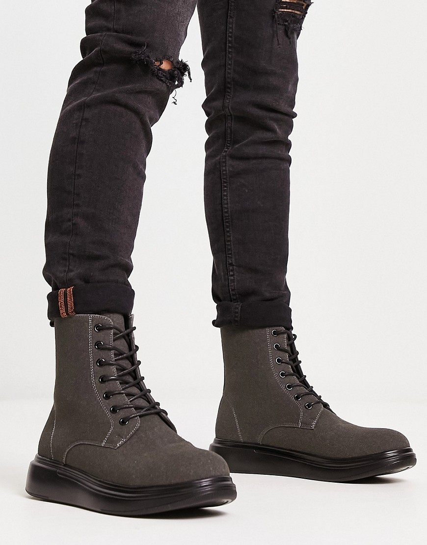 flatform lace up boots in gray faux suede