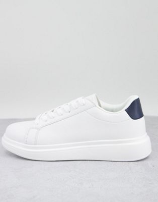 Brave Soul flatform minimal lace up trainers in white/navy