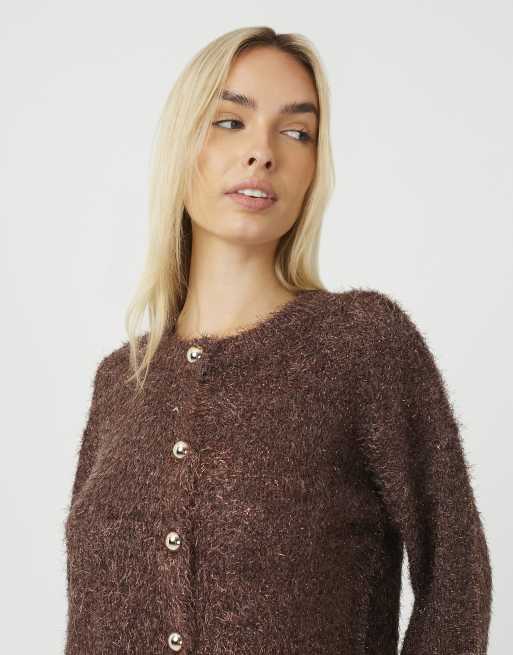 Brave Soul flauschige Strickjacke mit Glitzergarn in Schokobraun, 4 von 4
