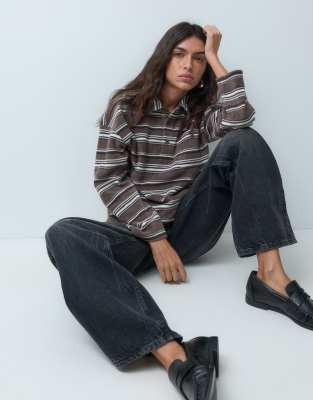 Brave Soul Fleece Long Sleeve Stripe Rugby Top In Brown