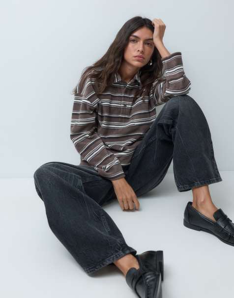 Brave Soul fleece long sleeve stripe rugby top in chocolate brown - view 1