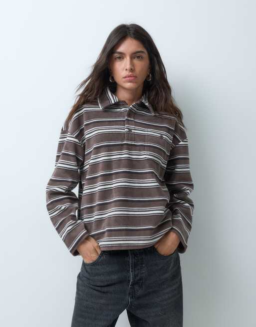 Brave Soul fleece long sleeve stripe rugby top in chocolate brown, 2 of 5