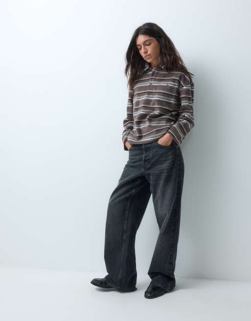 Brave Soul fleece long sleeve stripe rugby top in chocolate brown, 3 of 5
