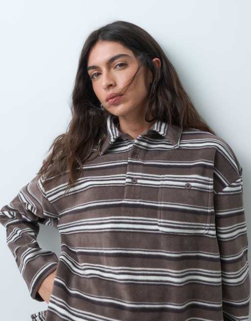 Brave Soul fleece long sleeve stripe rugby top in chocolate brown, 4 of 5