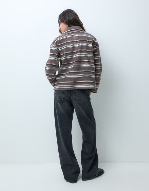 Brave Soul fleece long sleeve stripe rugby top in chocolate brown, 5 of 5