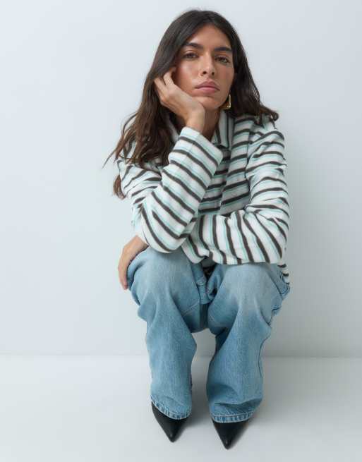 Brave Soul fleece long sleeve stripe rugby top in cream, 2 of 5