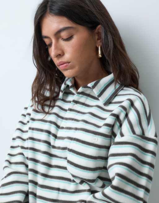 Brave Soul fleece long sleeve stripe rugby top in cream, 3 of 5