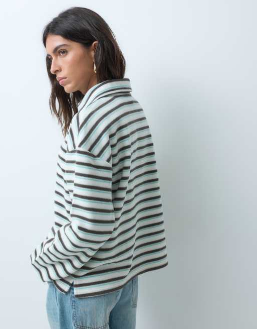 Brave Soul fleece long sleeve stripe rugby top in cream, 5 of 5