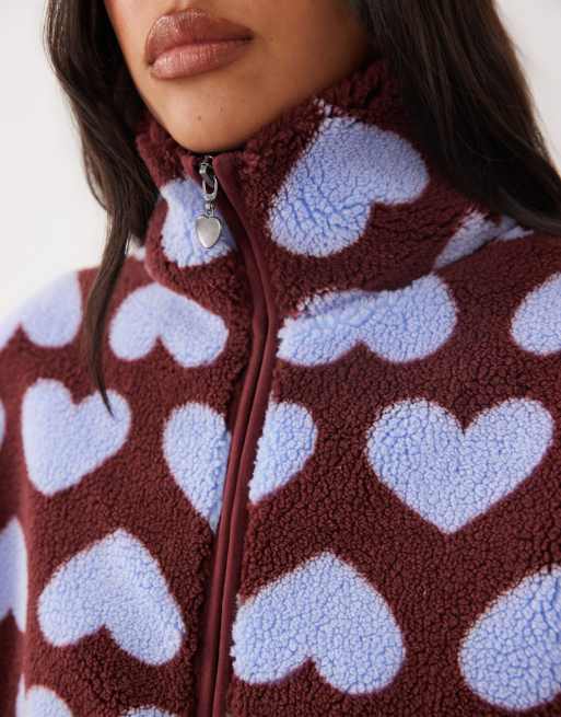 Brave Soul fleece med lynlås og hjerteprint i brun og lilla, 3 af 4
