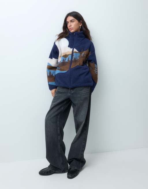 Brave Soul fleece met ritssluiting en landschapsprint in marineblauw, 3 van 5