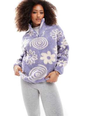 Brave Soul - Fleece-Sweatshirt in Blau mit Blumenmuster und kurzem Reißverschluss