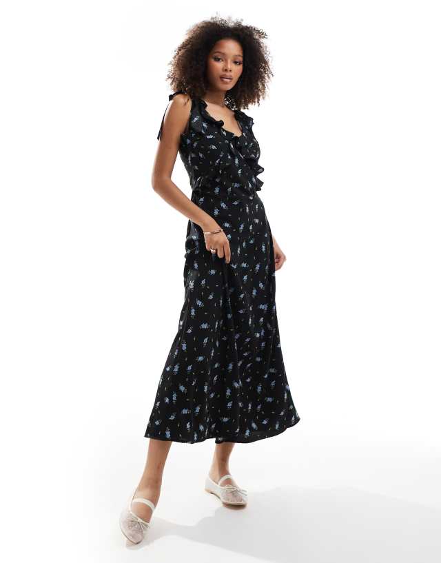 Brave Soul - floral maxi dress with tie strap detail in black