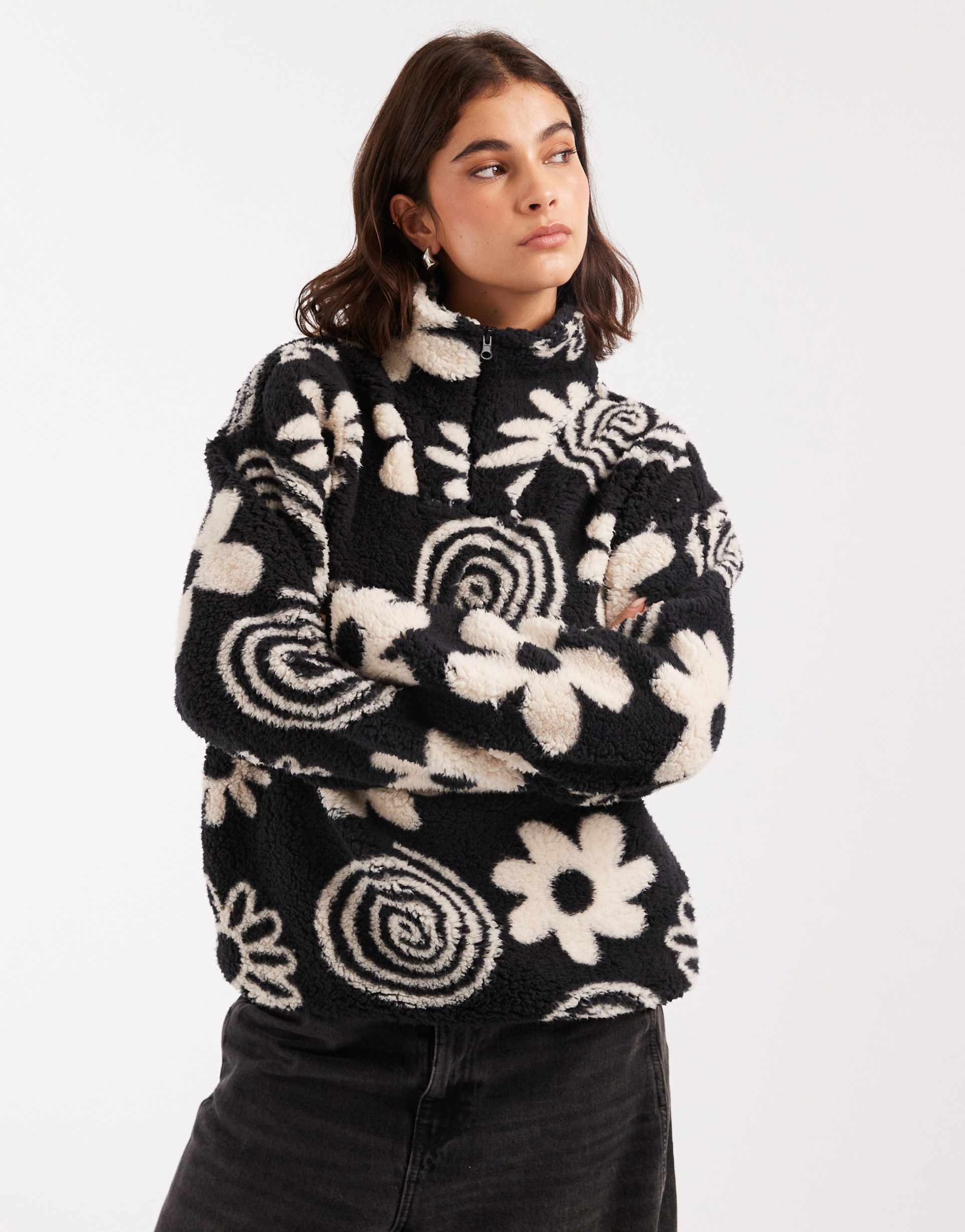 brave soul flower print 3/4 zip fleece in black and cream