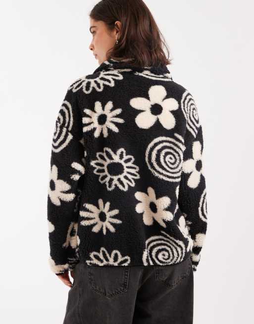 Brave Soul flower print 3/4 zip fleece in black and cream, 4 of 4