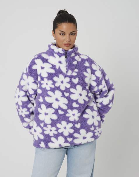 Brave Soul flower print sherpa fleece sweatshirt in lilac - view 1