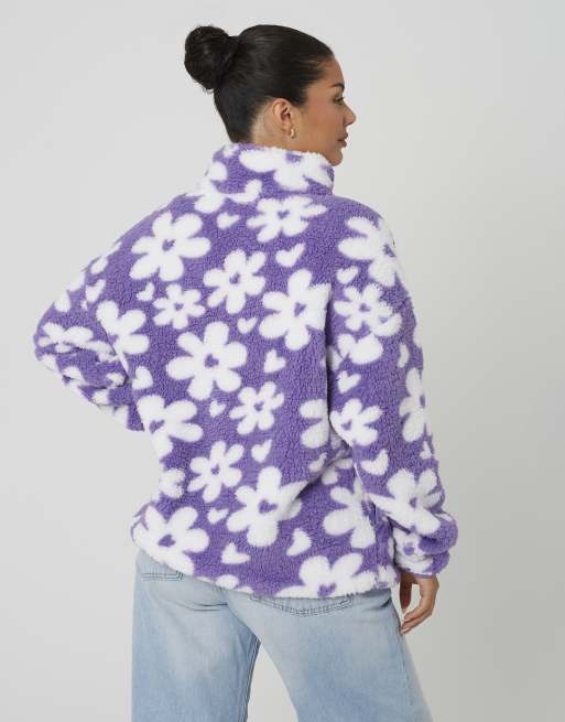 Brave Soul flower print sherpa fleece sweatshirt in lilac, 2 of 4
