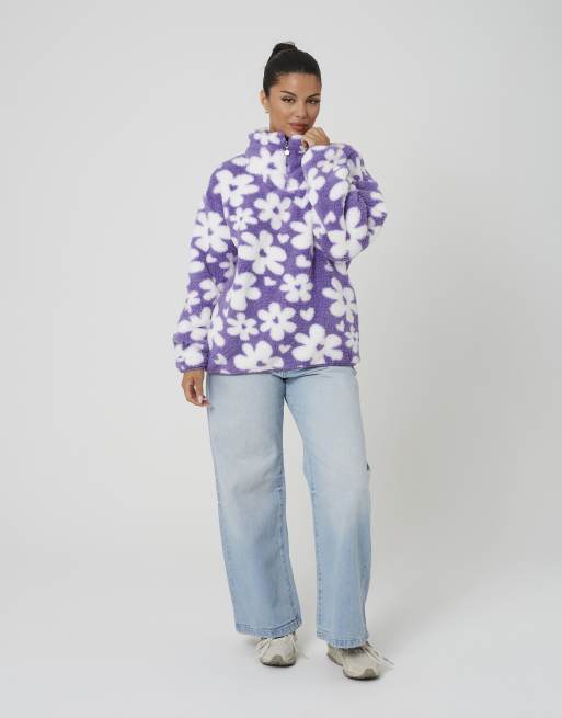 Brave Soul flower print sherpa fleece sweatshirt in lilac, 3 of 4