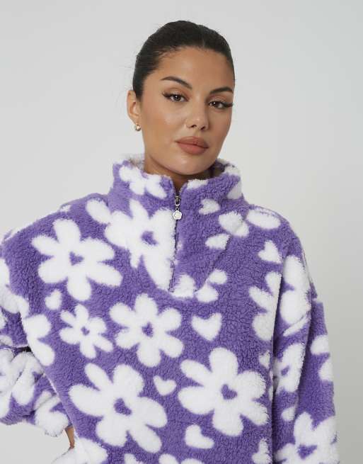 Brave Soul flower print sherpa fleece sweatshirt in lilac, 4 of 4