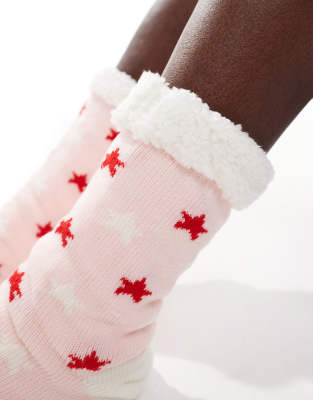 Brave Soul Fluffy Bed Socks With Hearts In Pink