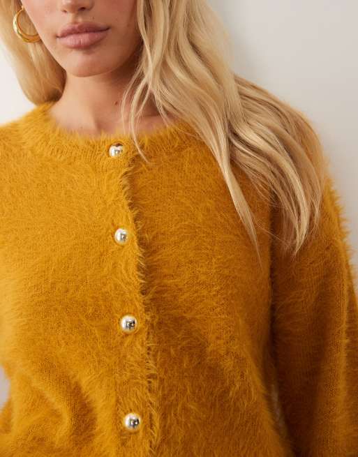 Brave Soul fluffy cardigan with gold buttons in mustard, 2 of 4