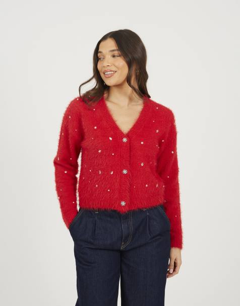 Brave Soul Fluffy knit cardigan with jewel embellishment in red - view 1