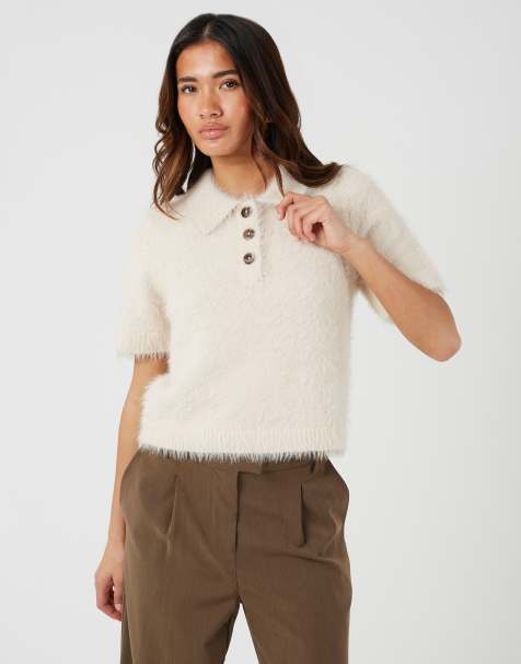 Brave Soul Fluffy knit polo shirt in beige - view 1