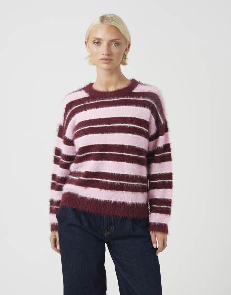 Brave Soul Fluffy striped crew neck jumper in burgundy - view 1