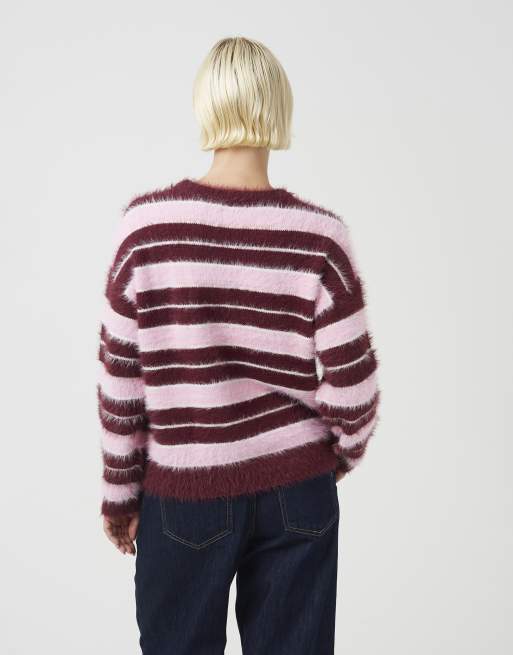Brave Soul Fluffy striped crew neck jumper in burgundy, 2 of 4
