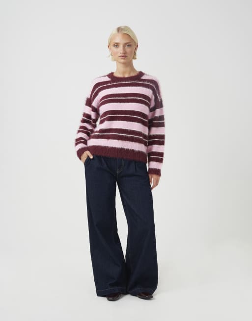Brave Soul Fluffy striped crew neck jumper in burgundy, 3 of 4