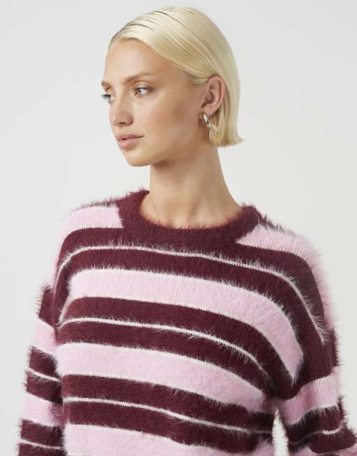 Brave Soul Fluffy striped crew neck jumper in burgundy, 4 of 4