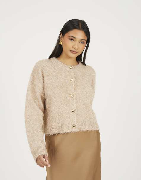 Brave Soul Fluffy tinsel knit cardigan in gold - view 1